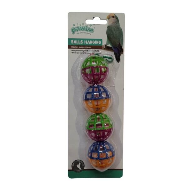Pawise Hanging Balls Bird Toy package with colorful toys for bird entertainment and fun. Ideal for playful pets.