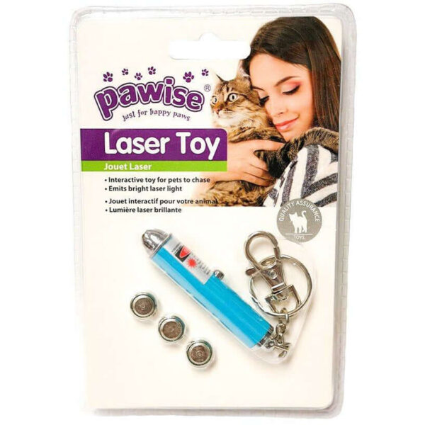 Pawise Laser Cat Toy packaging with toy and batteries, designed for interactive play and fun for cats.