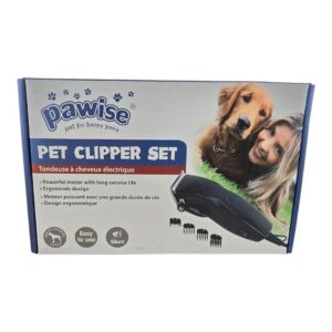 Pawise Pet Clipper Set packaging showcasing features and design, ideal for grooming all fur types.