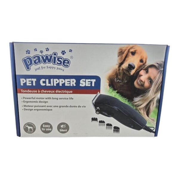 Pawise Pet Clipper Set packaging showcasing features and design, ideal for grooming all fur types.