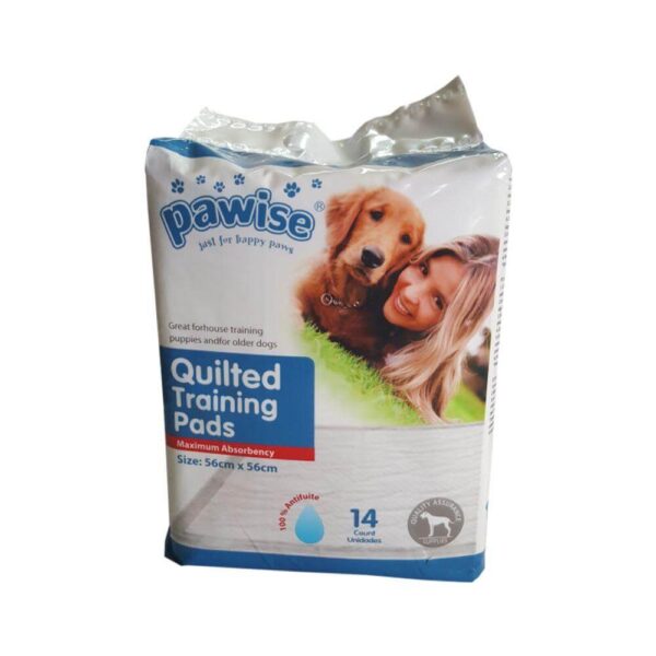 Pawise Quilted Puppy Training Pads pack, featuring 14 pads, size 56cm x 56cm, designed for effective puppy training.
