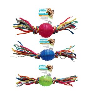 Pawise TPR ball with rope in red, blue, and green, ideal for small dogs to fetch and tug during playtime.