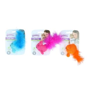 Assorted Pawise Wool Mice Cat Toys in blue, pink, and orange, featuring fluffy tails for interactive play.