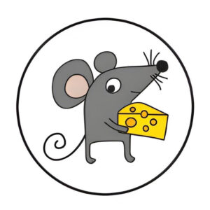 Cute mouse character holding cheese, designed for pet ID tags, representing fun and personality for pets.