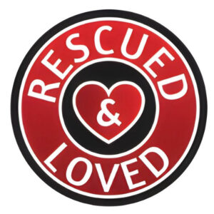 Rescued and Loved pet ID tag design featuring a heart, promoting pet identity and care for lost animals.