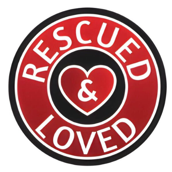 Rescued and Loved pet ID tag design featuring a heart, promoting pet identity and care for lost animals.