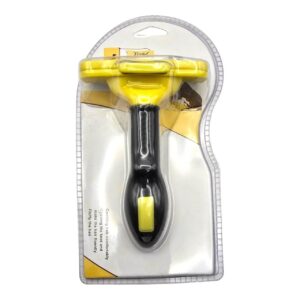 Pet shedding curved grooming tool in packaging, designed to reduce shedding and improve coat health.
