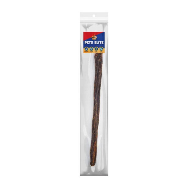 Pets Elite Beef Jerky Dog Treat in resealable packaging, healthy, natural, no artificial flavors for dogs.