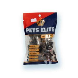 Pets Elite Dry Sausage Bite Size treats for dogs, natural and healthy, packaged in a colorful bag.