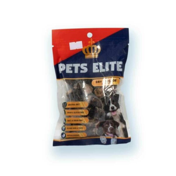 Pets Elite Dry Sausage Bite Size treats for dogs, natural and healthy, packaged in a colorful bag.