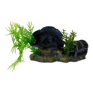 Pirate skull and treasure chest aquarium ornament with plants, adding charm to aquatic landscapes.