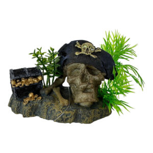 Pirate skull and treasure chest aquarium ornament with greenery, adding charm to aquatic decor.