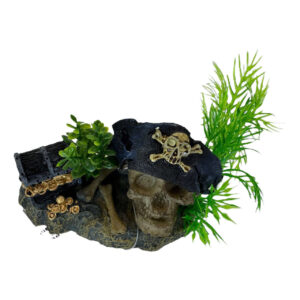 Pirate skull wearing a navy blue hat next to a treasure chest, perfect for aquarium decoration.
