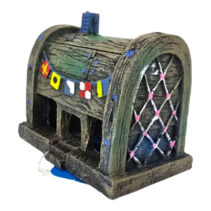 Pirates Booty Aquarium Ornament resembling a weathered wooden structure with colorful flags and intricate details.