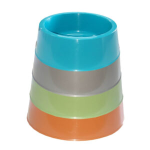 Stacked plastic dog bowls in vibrant colors: blue, gray, green, and orange, showcasing various sizes=
