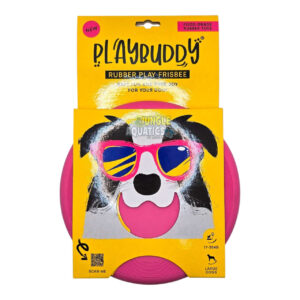 Playbuddy Rubber Frisbee packaging featuring a playful dog design, ideal for outdoor fun with your dog.