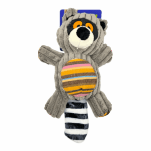 Soft plush racoon dog toy with vibrant stripes, suitable for chewing and cuddling.