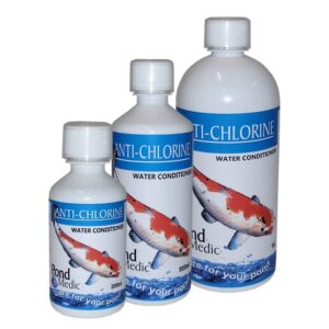 Pond Medic Anti Chlorine water conditioner bottles for freshwater ponds, safely removes chlorine and heavy metals.