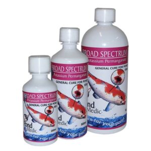 Pond Medic Broad Spectrum medication bottles for treating fish ailments and clearing green water.