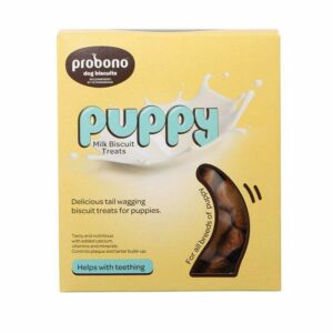 Probono Puppy Milk Biscuit Treats packaging, featuring nutritious, crunchy snacks for teething puppies. Ideal for all breeds.