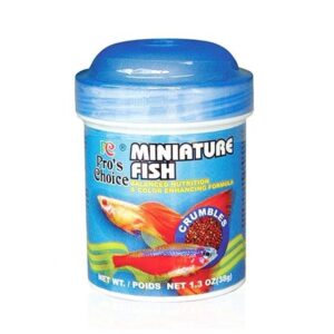 Pros Choice Miniature Crumble 38g container for tropical fish, providing balanced nutrition and color enhancement without water clouding.