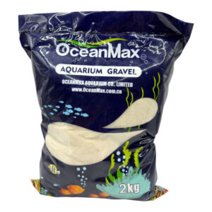 Pure White Sand Fine aquarium gravel by OceanMax, packaged in a 2kg bag, ideal for aquariums.