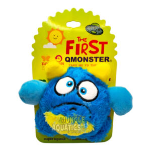Q-Monster Bounce Ball Dog Toy featuring a plush blue monster face with squeaker, ideal for dog play and fetch.