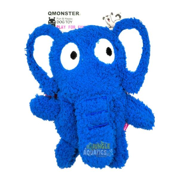 Q-Monster Dog Toy Elephant plush in bright blue with oversized ears and squeaker for dogs.