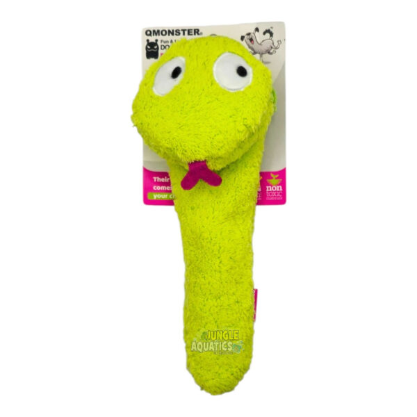Q-Monster Dog Toy Green Snake in vibrant green color with big eyes and a tongue, perfect for playful pups.