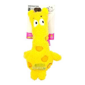Q-Monster Dog Toy Yellow Giraffe plush toy with squeaker, designed for fun and interactive play for dogs.