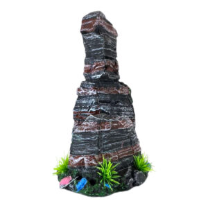 Red and Black Rock Aquarium Ornament with textured layers and artificial plants for aquatic decor.