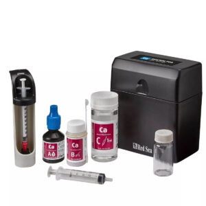 Red Sea Calcium Pro Reef Test Kit components including syringe, bottles, and test chamber for accurate calcium measurement.