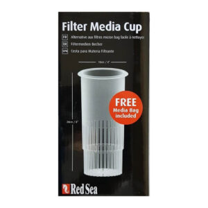 Red Sea Filter Media Cup packaging showcasing a filtration solution with a free media bag included for aquarium use.