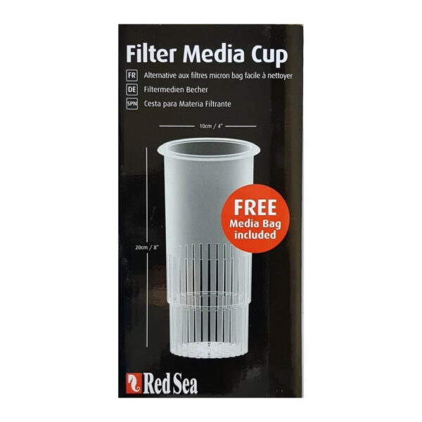 Red Sea Filter Media Cup packaging showcasing a filtration solution with a free media bag included for aquarium use.
