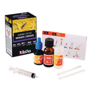 Red Sea MCP Nitrate Nitrite Test Kit including bottles, syringe, and instruction manual for marine aquarium testing.