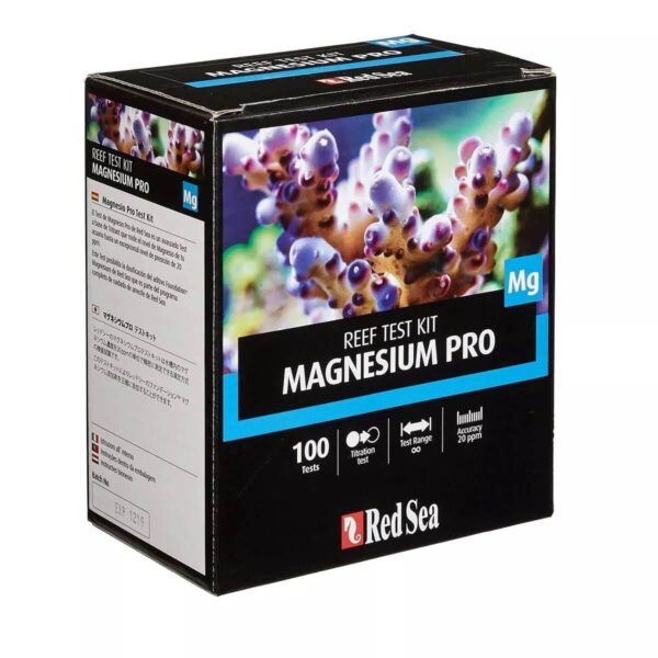 Red Sea Magnesium Pro Reef Test Kit box for accurate magnesium measurement in aquariums, includes 100 tests and easy-to-use tools.