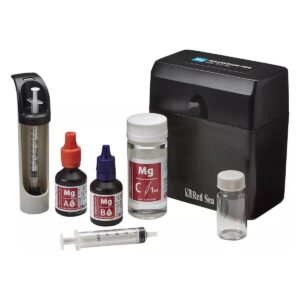 Red Sea MG Magnesium Pro Reef Test Kit components including vials, syringes, and reagents for accurate magnesium measurement.