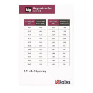 Red Sea MG Magnesium Pro Test Kit results chart showing magnesium levels and titrant used for accurate measurement.