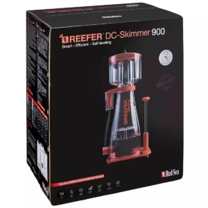 Red Sea Reefer DC Skimmer 900 box design showcasing smart, efficient, and self-leveling protein skimmer features.