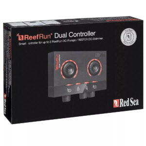 Red Sea ReefRun Dual DC Pump Controller packaging showing controls for two ReefRun pumps and integration with ReefBeat app.