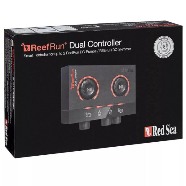 Red Sea ReefRun Dual DC Pump Controller packaging showing controls for two ReefRun pumps and integration with ReefBeat app.