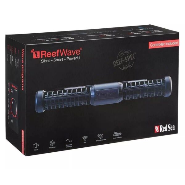 Red Sea ReefWave pump packaging featuring silent, smart, powerful design with controller included.