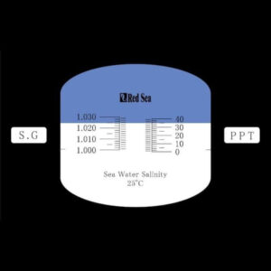 Red Sea Refractometer scale showing seawater salinity measurements at 25°C for reef aquariums.
