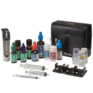 Red Sea Trace Colors Pro Multi Test Kit with test reagents for Iodine, Potassium, and Iron analysis, including colorimetric tools.