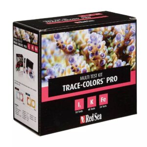 Red Sea Trace Colors Pro Multi Test Kit packaging showcasing Iodine, Potassium, and Iron test features and specifications.