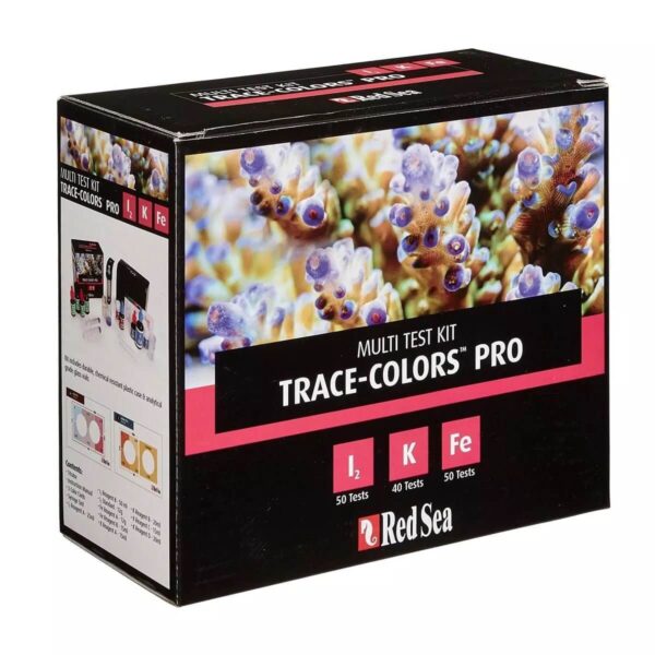 Red Sea Trace Colors Pro Multi Test Kit packaging showcasing Iodine, Potassium, and Iron test features and specifications.