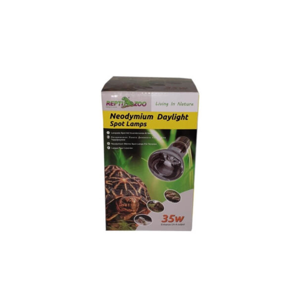 Reptile Zoo Neodymium Daylight Spot Lamps packaging for terrariums, 35W, promoting warmth and animal health.