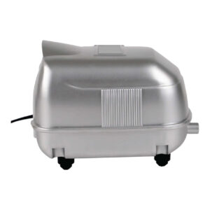 Resun LP Low Noise High Pressure Air Pump side view with a silver plastic body and wheels.