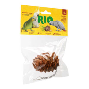 RIO Cedar Cone Bird Treat Toy in packaging, natural treat for pet birds, packed with nutrients and antioxidants.