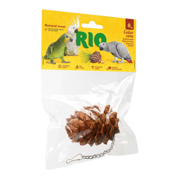 RIO Cedar Cone Bird Treat Toy in packaging, natural treat for pet birds, packed with nutrients and antioxidants.
